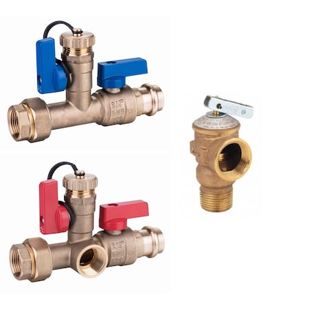 Ez-Fluid 3/4in FNPT Union x 3/4in Press, Tankless Water Heater Service Valve Kit Cold & Hot EZTVP34